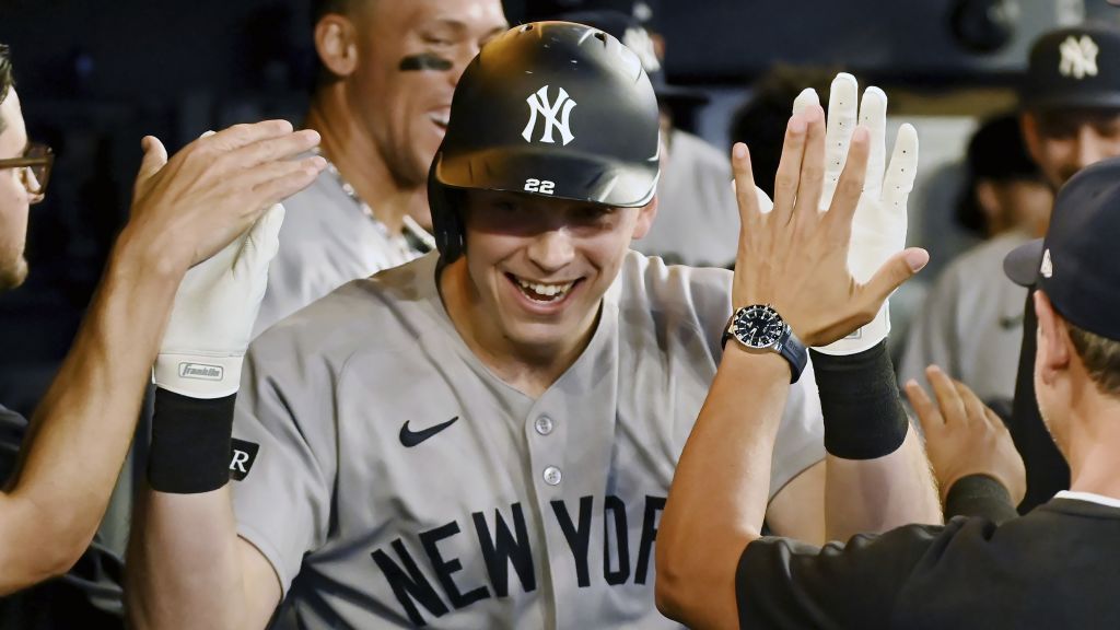 Slugger Ben Rice is congratulated inside the Yankees' visiting dugout at Rogers Centre on Tuesday night. | Art or Photo Credit: AP