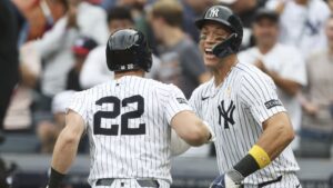 Aaron Judge, right, celebrates with Ben Rice (22) after Rice hit a three-run home run during the first inning against the Toronto Blue Jays on Sunday in New York.|Art or Photo Credit: AP