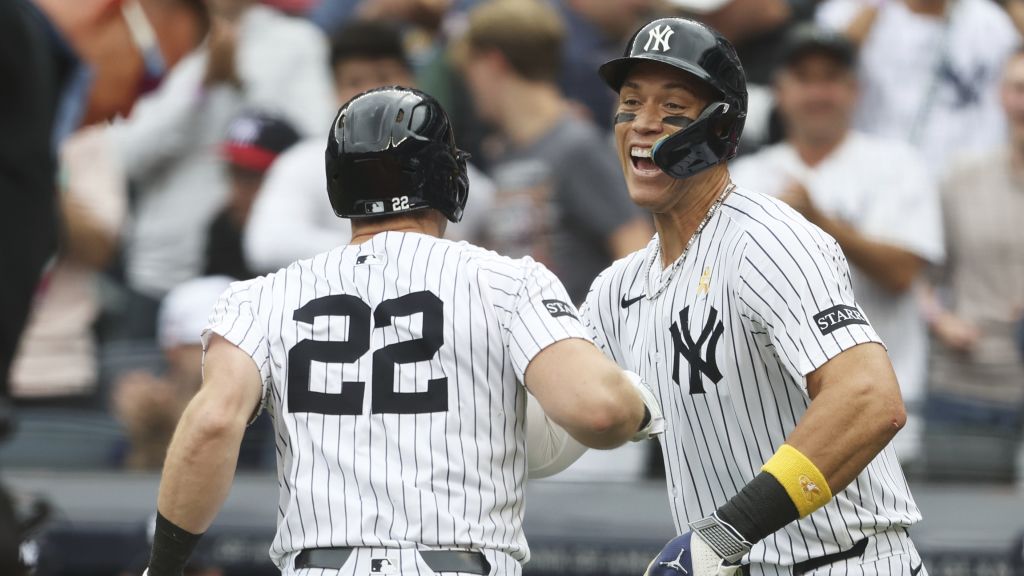 Aaron Judge, right, celebrates with Ben Rice (22) after Rice hit a three-run home run during the first inning against the Toronto Blue Jays on Sunday in New York.|Art or Photo Credit: AP