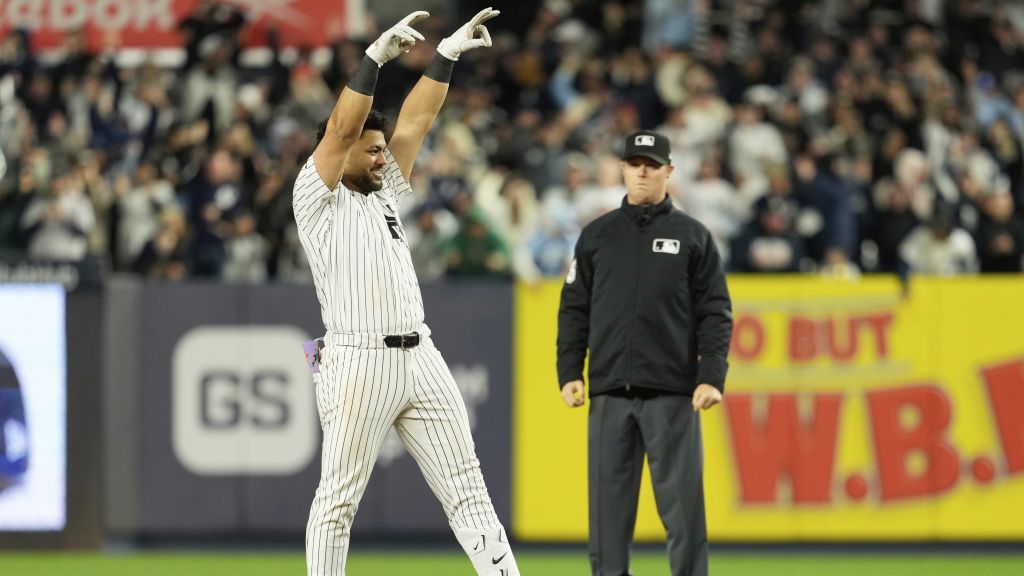 Jasson Domínguez reacts after hitting a three-run double in the sixth inning to put the New York Yankees in the lead against the Kansas City Royals on Jackie Robinson Day. | Art or Photo Credit: Associated Press
