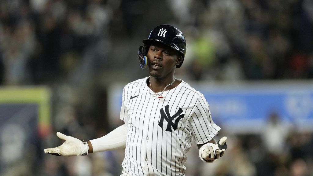 Jazz Chisholm Jr. celebrates his fourth inning home run against the Kansas City Royals on Monday night at Yankee Stadium. | Art or Photo Credit: Associated Press