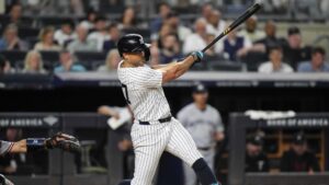 Giancarlo Stanton hits a home run against the Minnesota Twins on Aug. 12, 2025. | Art or Photo Credit: AP
