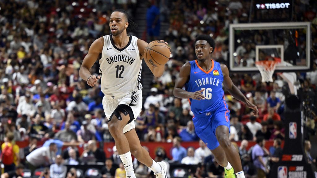 Tosan Evbuomwan dribbles down the court for the Brooklyn Nets during the 2024-25 season.|Art or Photo Credit: AP