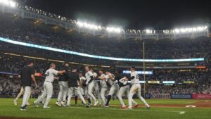 Ryan McMahon celebrates his walk-off single against the Tampa Bay Rays in Wednesday's matchup at Yankee Stadium. | Art or Photo Credit: Associated Press