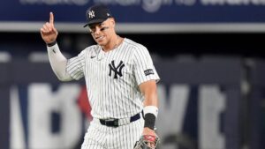 Aaron Judge reacts as he walks off the field after the Yankees beat the Red Sox in Game 2 of the AL Wild Card Series. | Art or Photo Credit: AP