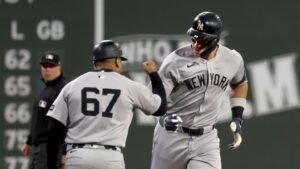 Aaron Judge celebrates his first inning home run against the Boston Red Sox in the series opener on Friday.|Art or Photo Credit: Associated Press