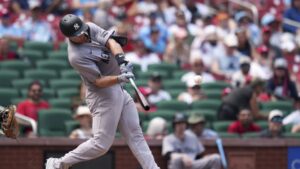 Paul Goldschmidt doubles during the fourth inning in the Yankees' 8-4 win against the Cardinals on Sunday. | Art or Photo Credit: Associated Press
