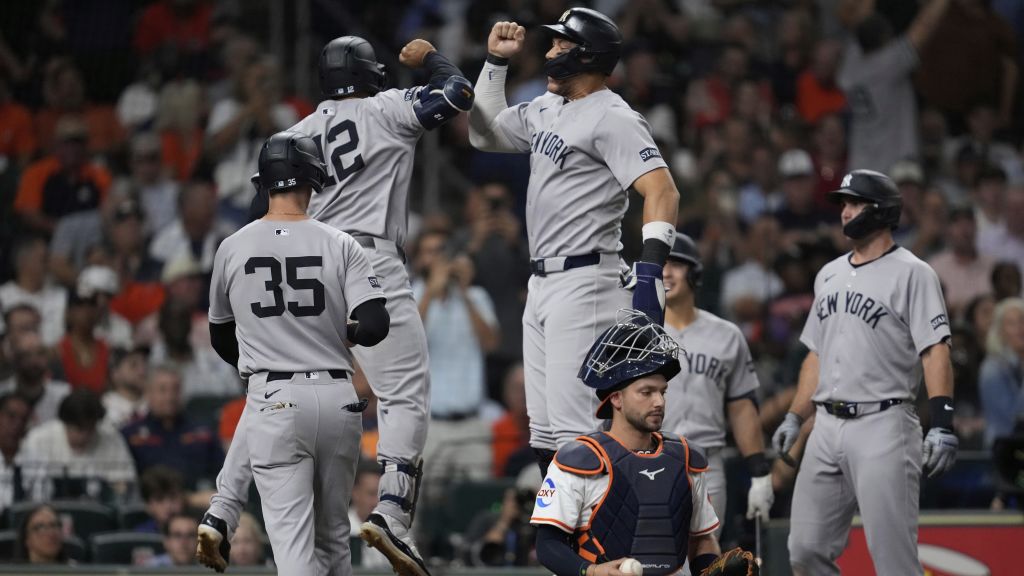 The New York Yankees celebrate a grand slam from Trent Grisham in the fifth inning against the Houston Astros.|Art or Photo Credit: Associated Press
