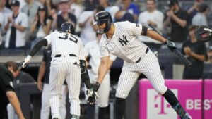 Cody Bellinger and Giancarlo Stanton celebrate after Bellinger hit a solo home run in the first inning to put the New York Yankees on the board against the Minnesota Twins. | Art or Photo Credit: Associated Press