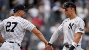 Giancarlo Stanton celebrates with Aaron Judge after the Yankees' 6-1 win over the Orioles. | Art or Photo Credit: AP